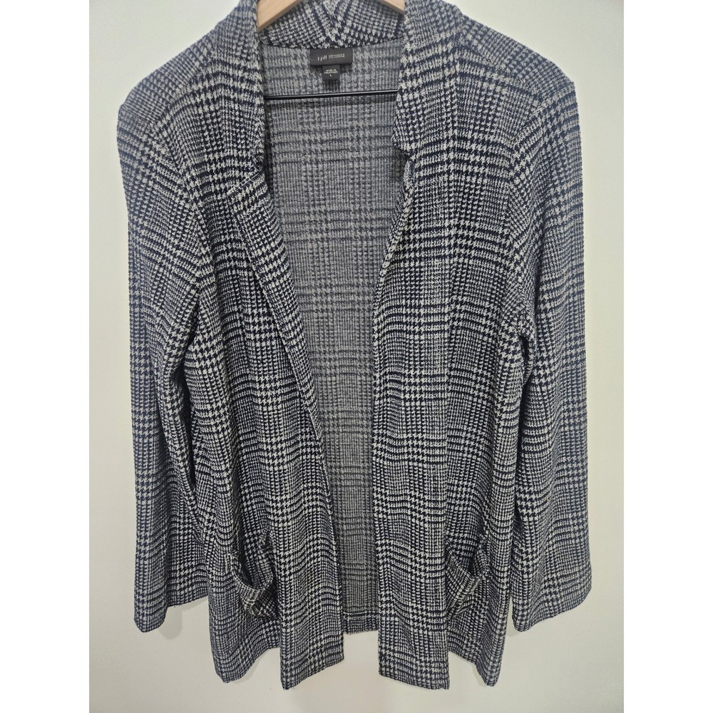 J. Jill Wearever Glen Plaid Open Front Cardigan Blue White‎ Knit Blazer L